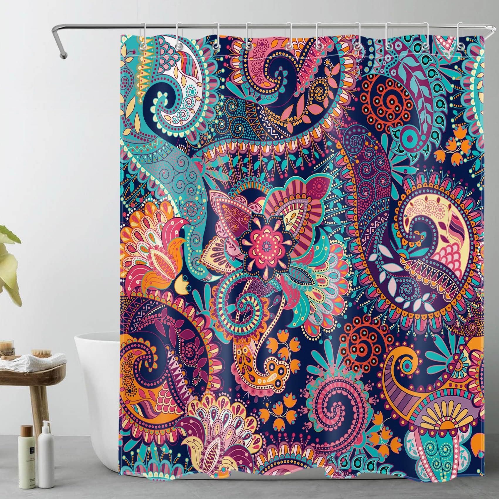 Bohemian Paisley Floral Shower Curtain Purple and Black Flower Pattern Boho Bathroom Shower Curtain Retro Abstract Bathroom (as the picture,W90xH180cm-35x70in)