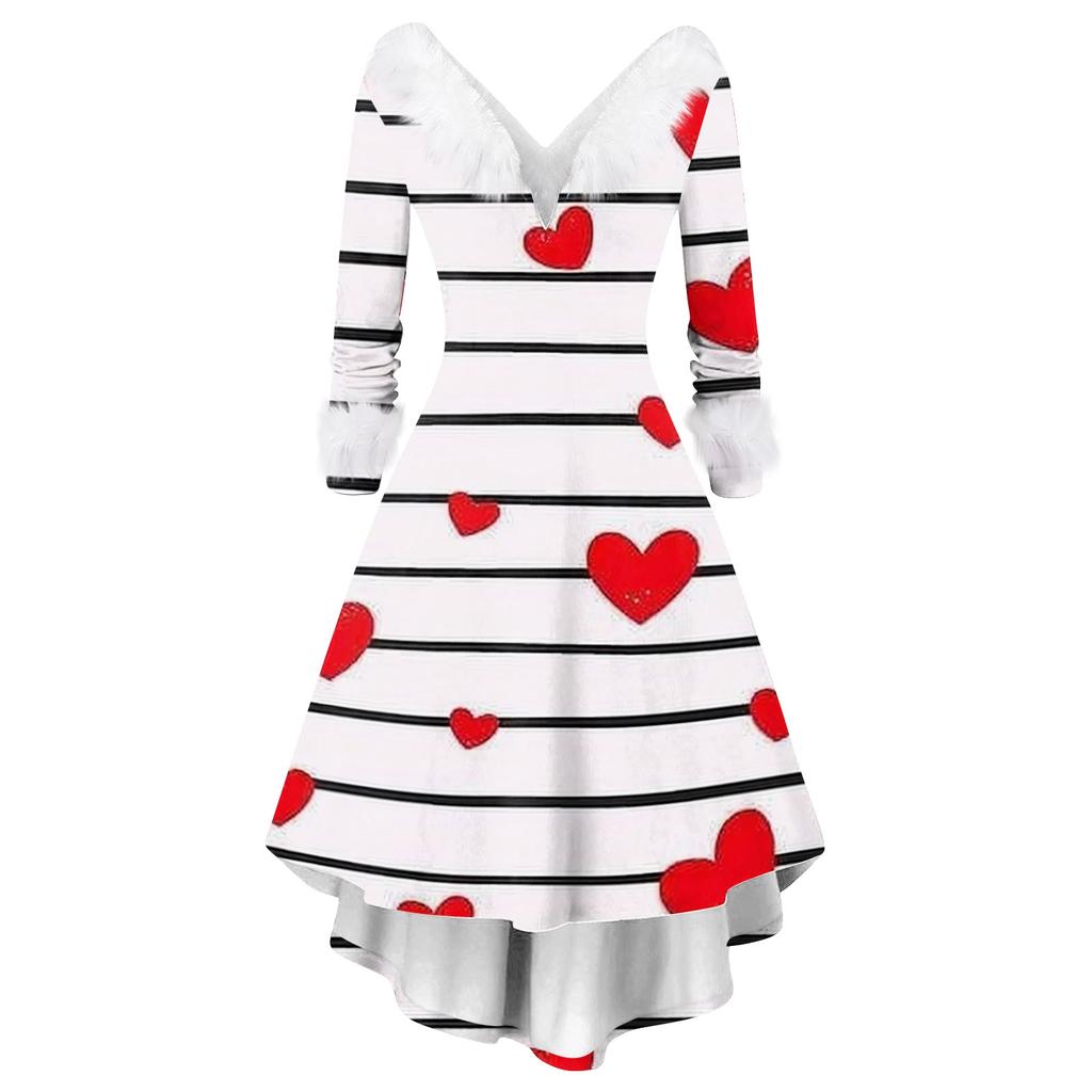 Damen stilvolles und elegantes langärmeliges V-Ausschnitt Kleid mit Valentinstags-Herzprint