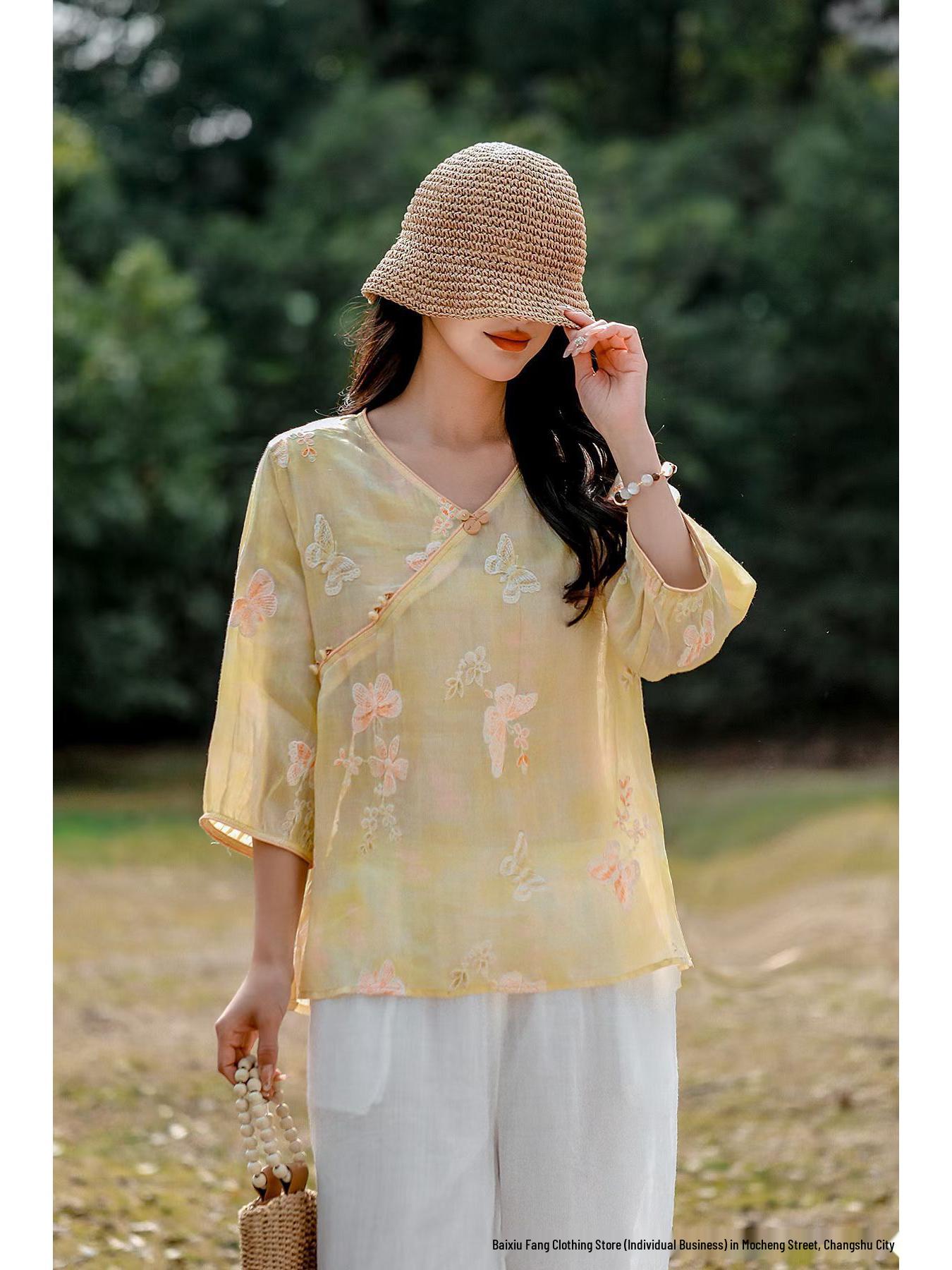 Summer 2026 Women s Lightweight V-Neck Linen Shirt with Frog Button and Oblique Placket One Size