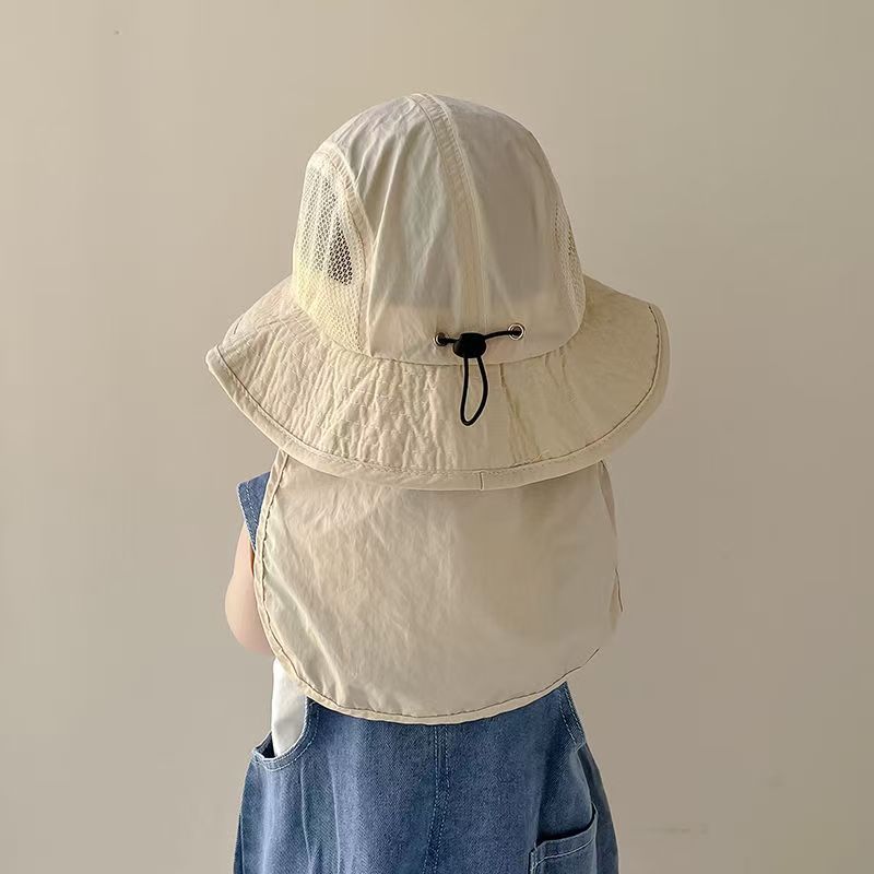 Baby Summer Mesh Sun Hat, Breathable Wide Brim UV Protection Neck Cover Shawl Hat, Korean Style Toddler Cap for Boys Girls