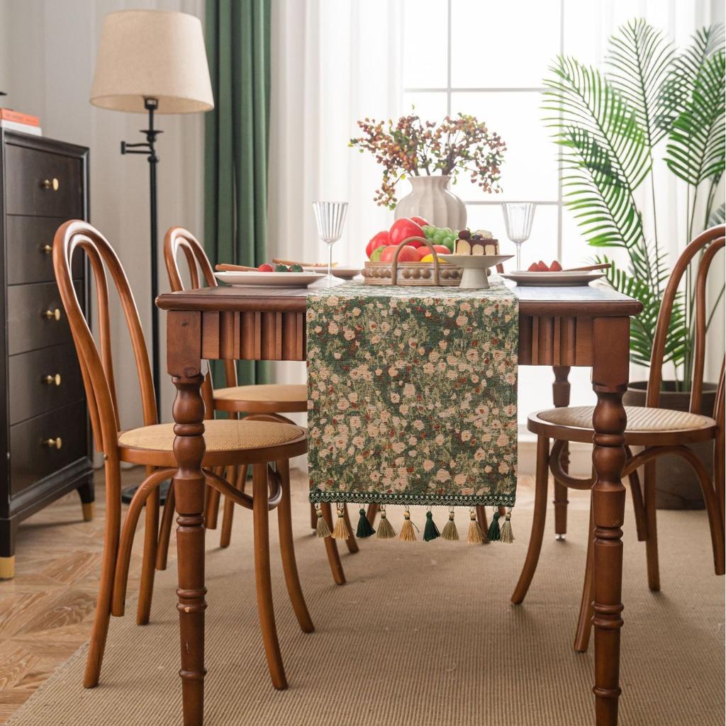 Table Runner Jacquard Green Countryside Flower Cluster Tassel Tea Flag Dining Flag Long Strip Thickened