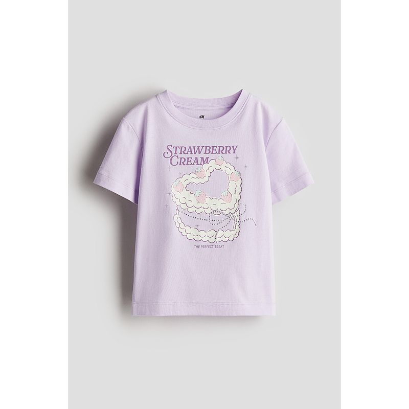 

HM Children s Clothing Girl T-shirt Fall 2025 New Arrival Pure Cotton Jersey round Neck Pattern Design T-shirt 1276546 Light purple/Strawberry Cream 150/76