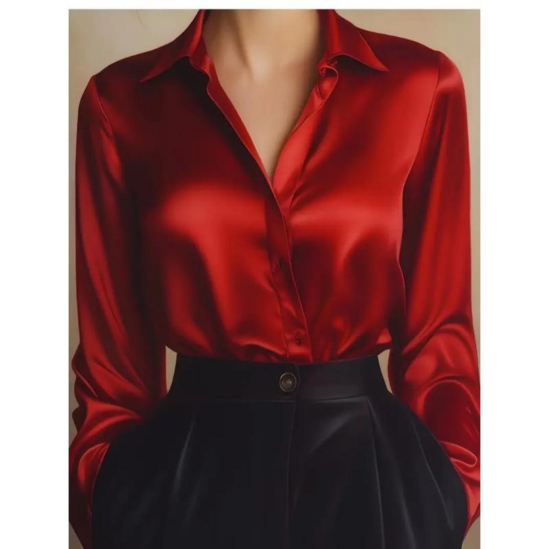 

Elegant Loose Women Long Sleeve Shirt Spring Autumn Work Casual Office Blouse Business Simple Formal Top for Women Solid Color Slim Fit Tops S красный