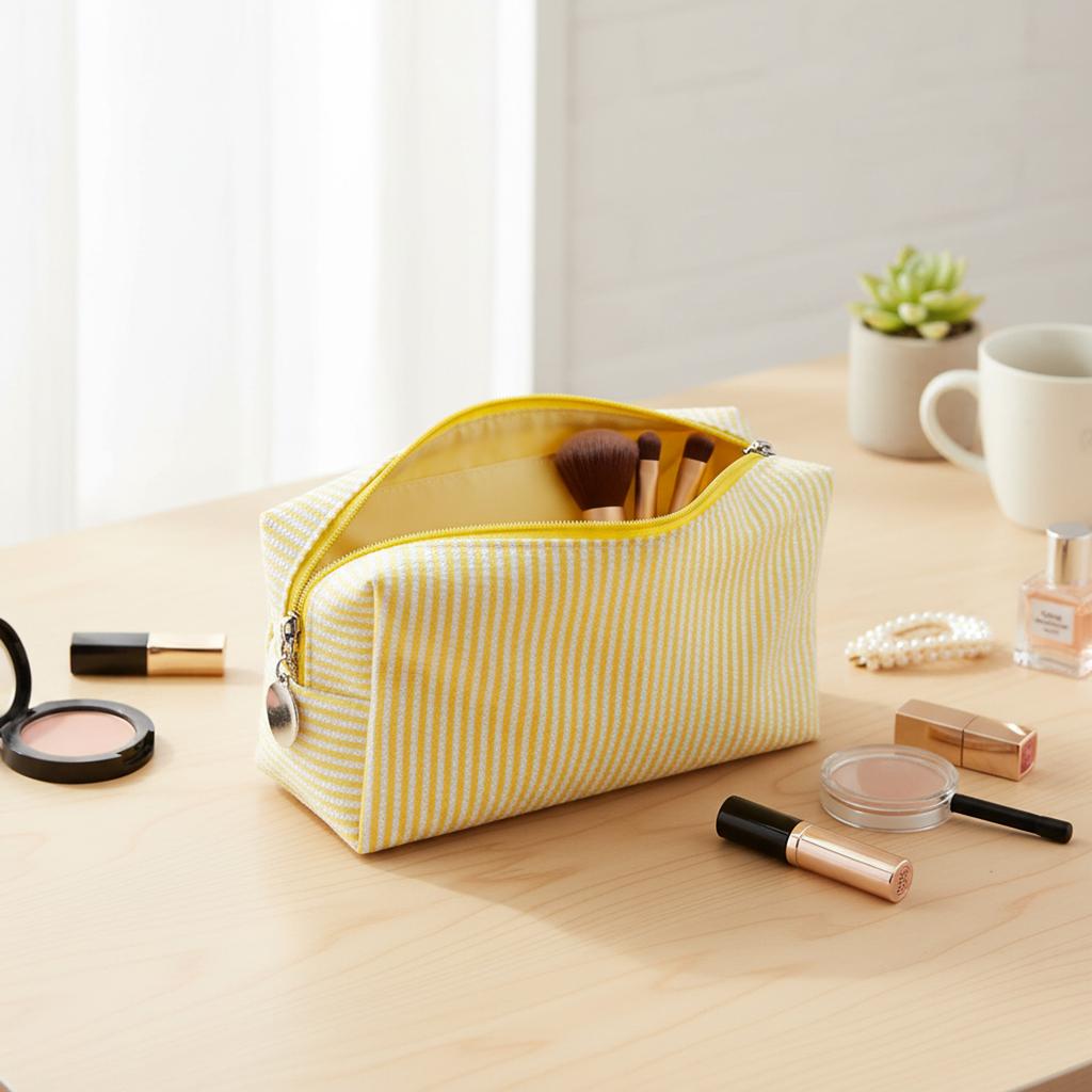 Striped Embroidery Makeup Bag Travel Cosmetic Organizer Waterproof Portable Toiletry Pouch For Women