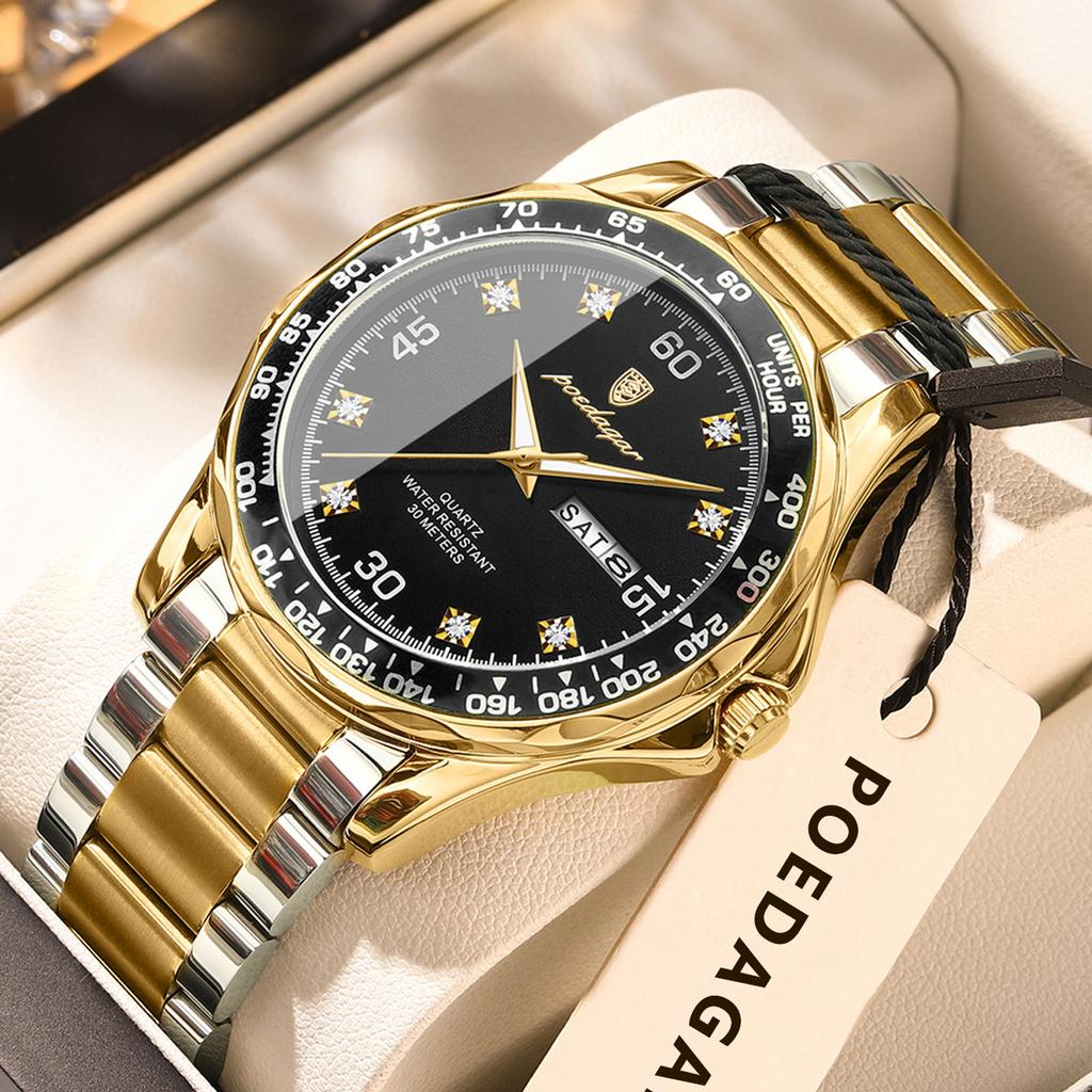 POEDAGAR Fashion Luxury Man Clock Waterproof Luminous Date Week Wristwatch Stainless Steel Quartz Business Watches for Men