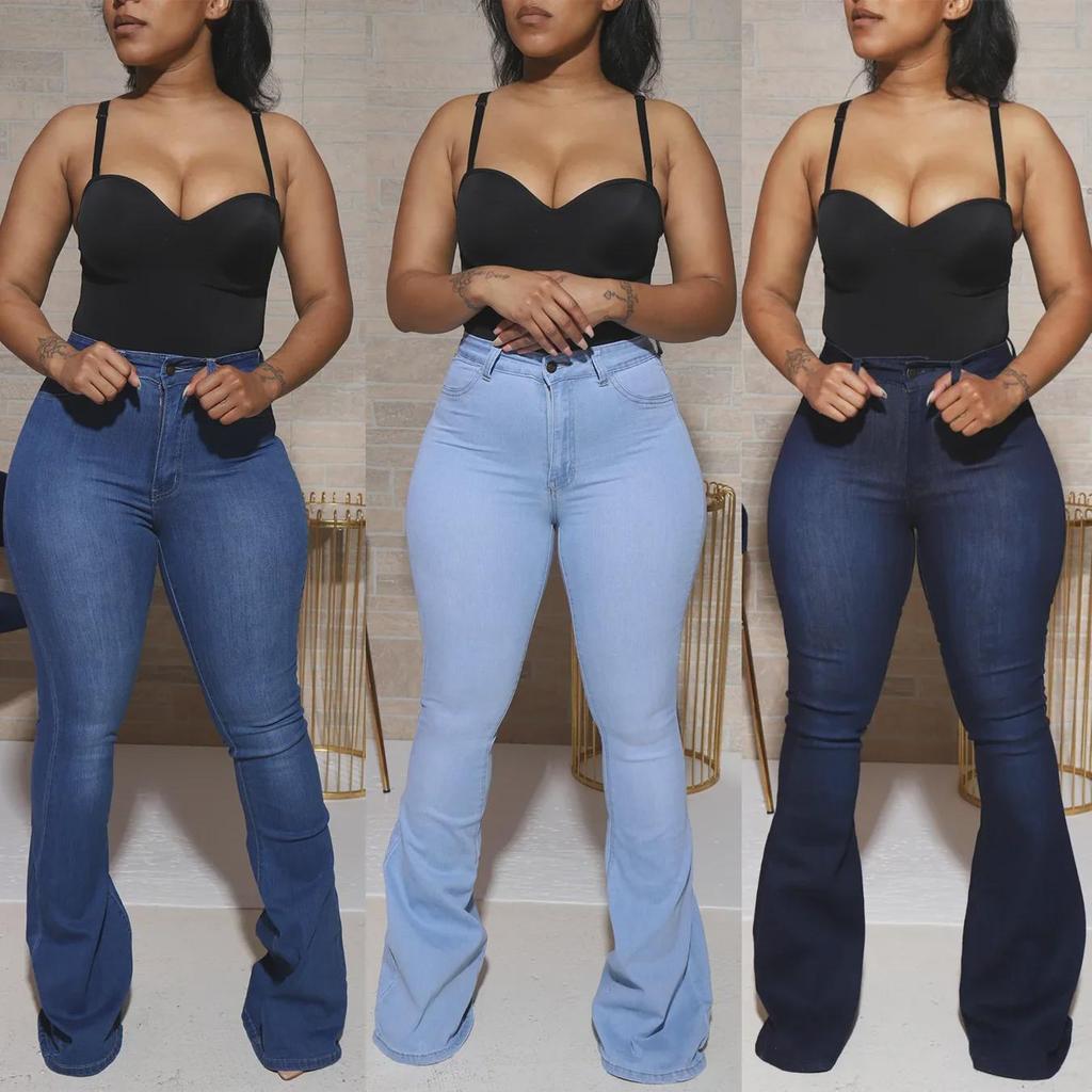 Dámské džínové kalhoty s vysokým pasem a rozšířenými nohavicemi - Dostupné velké velikosti