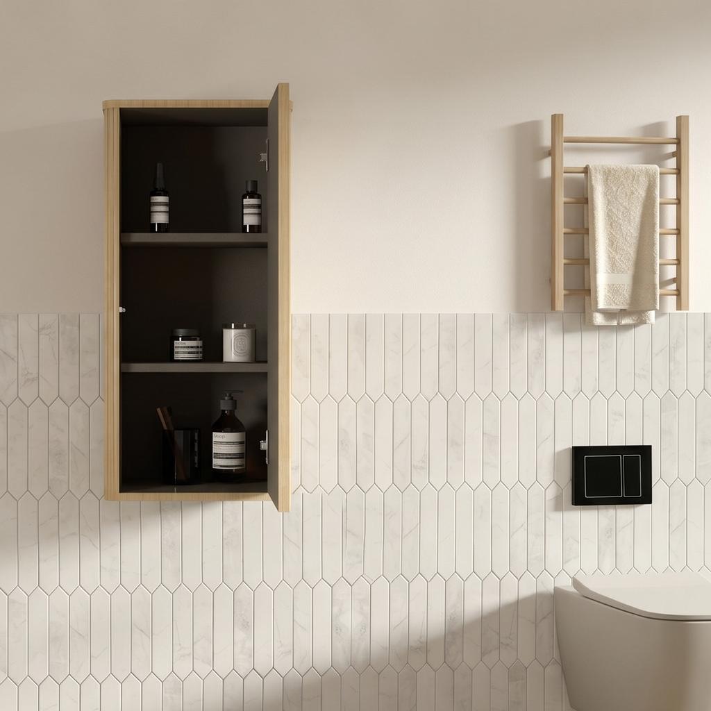Wall-Mounted Storage Cabinet, Wall Cabinet for Bathroom In Oak Color, Wall-Hanging Bathroom Cabinet with Groove Design for Small Spaces