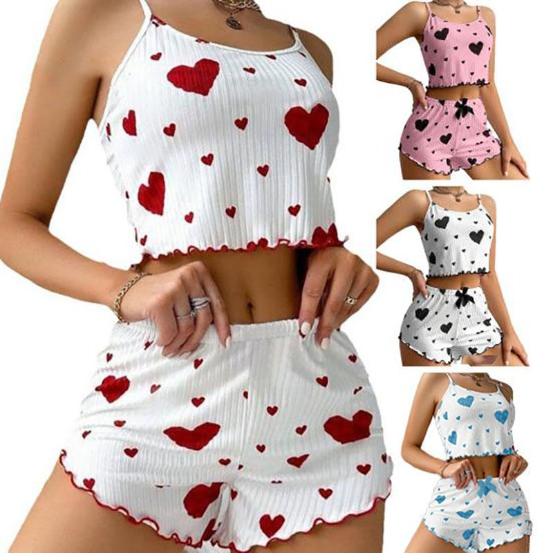 2 Pcs Set Summer Love Print Sweet Pajamas Suit for Women Suspenders Shorts Pure Desire Pajamas for Women