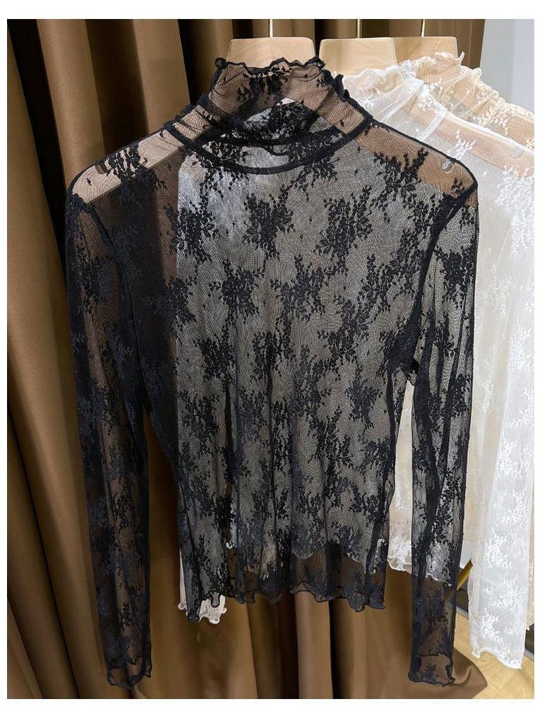 Fleece-Lined High-Neck Sheer Lace Base Layer for Women – Autumn/Winter Trendy White Mesh Top