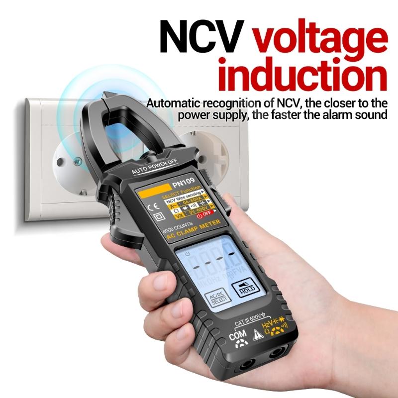 PN109 Clamp Meter Voltage Current Tester 4000 Counts Backlit Multimeter for Resistance Diode NCV Testing