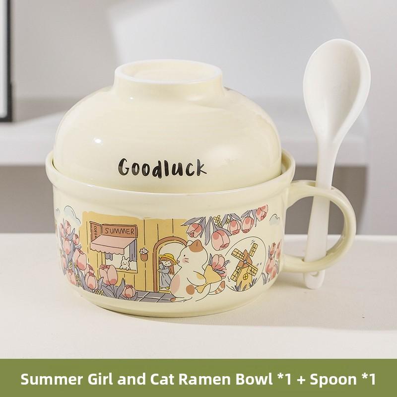 Ceramic Instant Noodles Bowl with Lid And Handle Dormitory Student Microwave Safe Soup Bowl Personal Special Bowl Cartoon Design