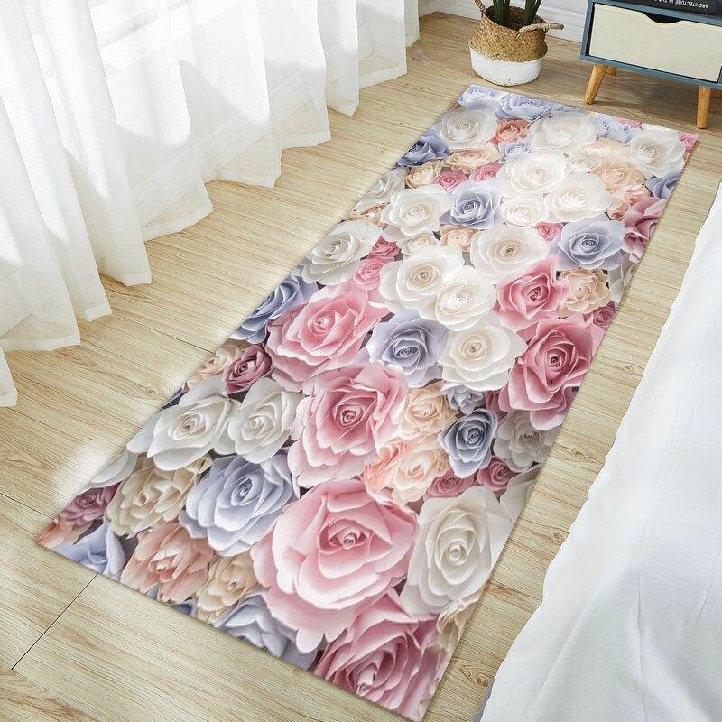 Non Slip Living Room Decorative Mat Rose Flower Washable Hallway Entry Area Rug for Bedroom Fluffy Carpet
