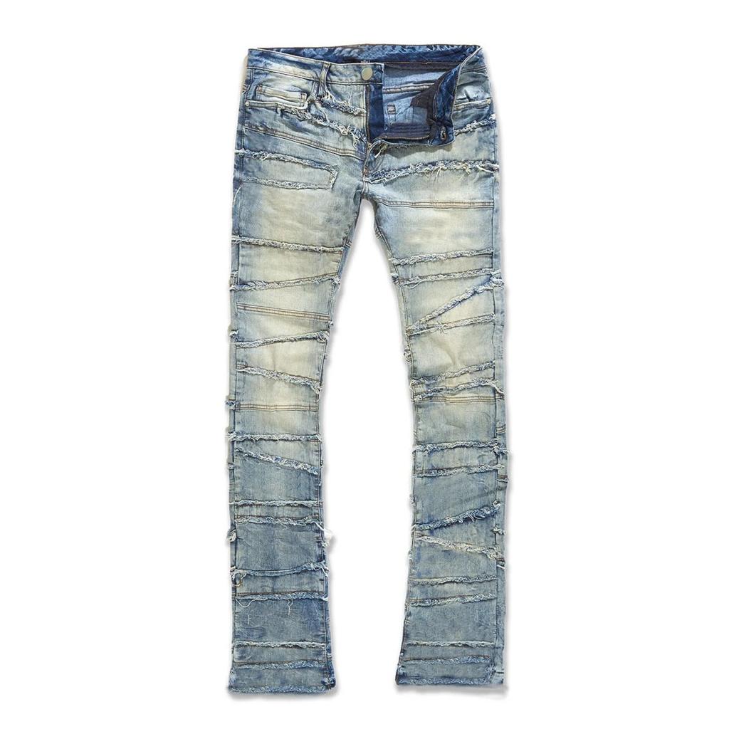 RogueWave Straight Pant Men Jeans Denim Pants Slim Fit Irregular Folds Tassel Splice Simple Button Pocket High Street Trousers