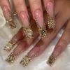 24 Pcs Extra Long Red French Square Press On Nails With Flower Rhinestone Design For Women Fake Nail Art