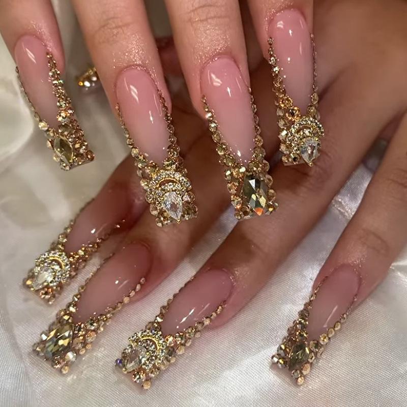 24 Pcs Extra Long Red French Square Press On Nails With Flower Rhinestone Design For Women Fake Nail Art