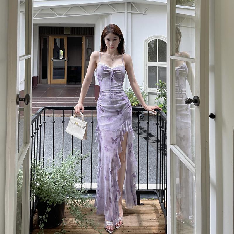 Ilya Butterfly Printed Suspender Dress Women s, Holiday Butterfly Printed Lotus Leaf Dress S фиолетовый