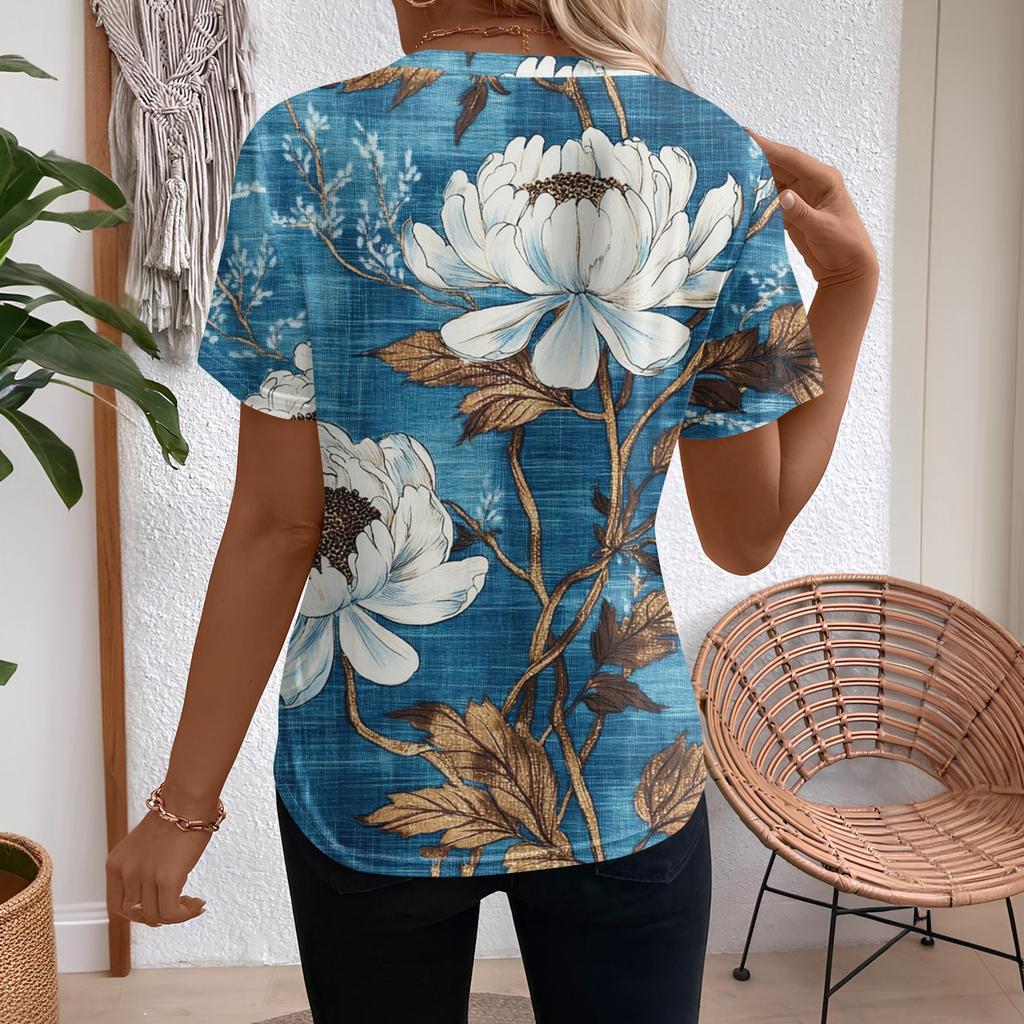 Women's Short Sleeve Tops Pleated  Neck Loose Fit T-Shirt