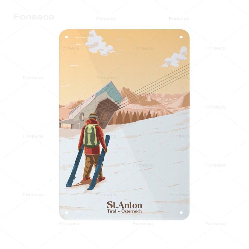 Retro Ski Resort Metal Sign St Anton Kitzbuhel Avoriaz Winter Landscape Home Bar Club Hotel Wall Decor Tin Plaque XCm