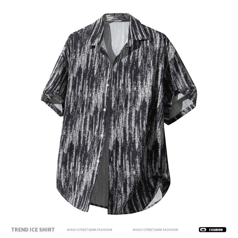 Men's Black White Abstract Stripe Print Short Sleeve Shirt - Oversized Casual Streetwear Summer Button Up