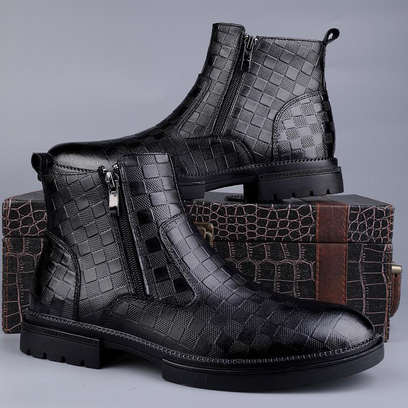 Fashion Side Zipper Man Winter Chelsea Boots Fur Warm Male Genuine Leather Shoes Luxury Brand Men Ankle Boots Handmade Business Footwear