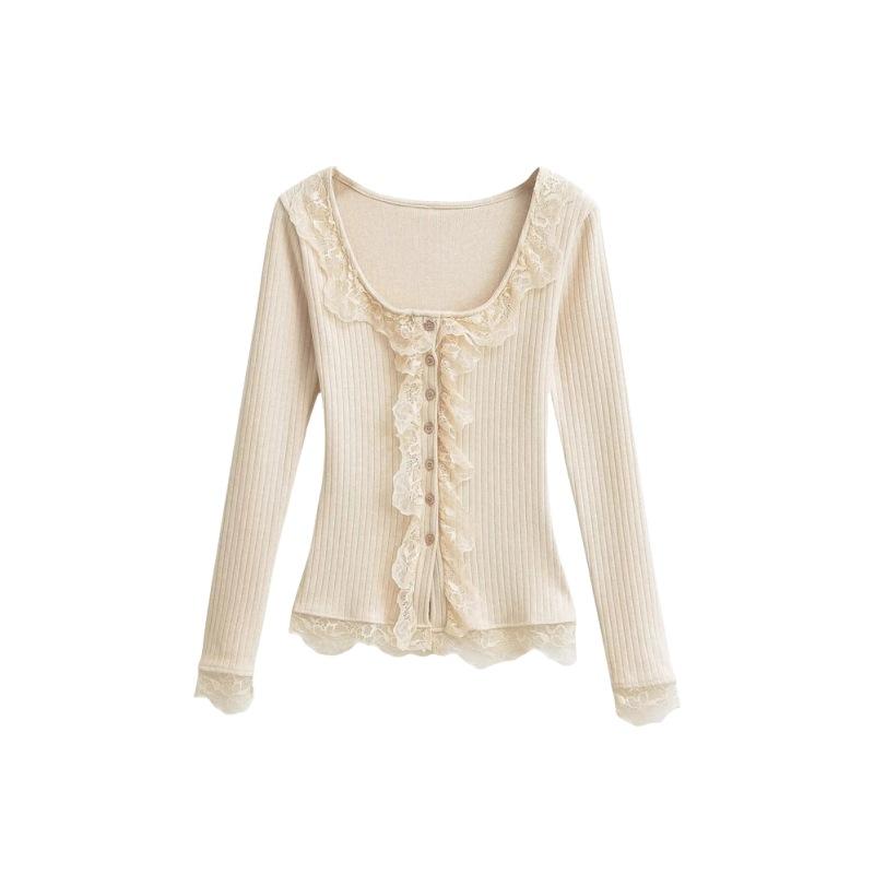 Women s U Neck Long Sleeve Lace Trim Cardigan Slim Fit Single Breasted Button Down Knitted Top S