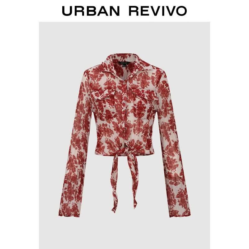 UR2026 Women s Printed Pleated Tie-Front Shirt XL