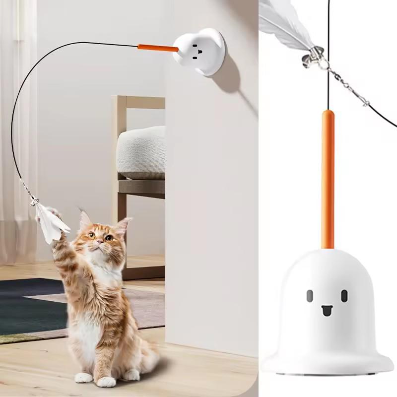 Cat Toy Teaser Rod with Suction Cup Self - entertaining Feather Pet Toy with Bell Long Pole Interactive and Bite - Resistant