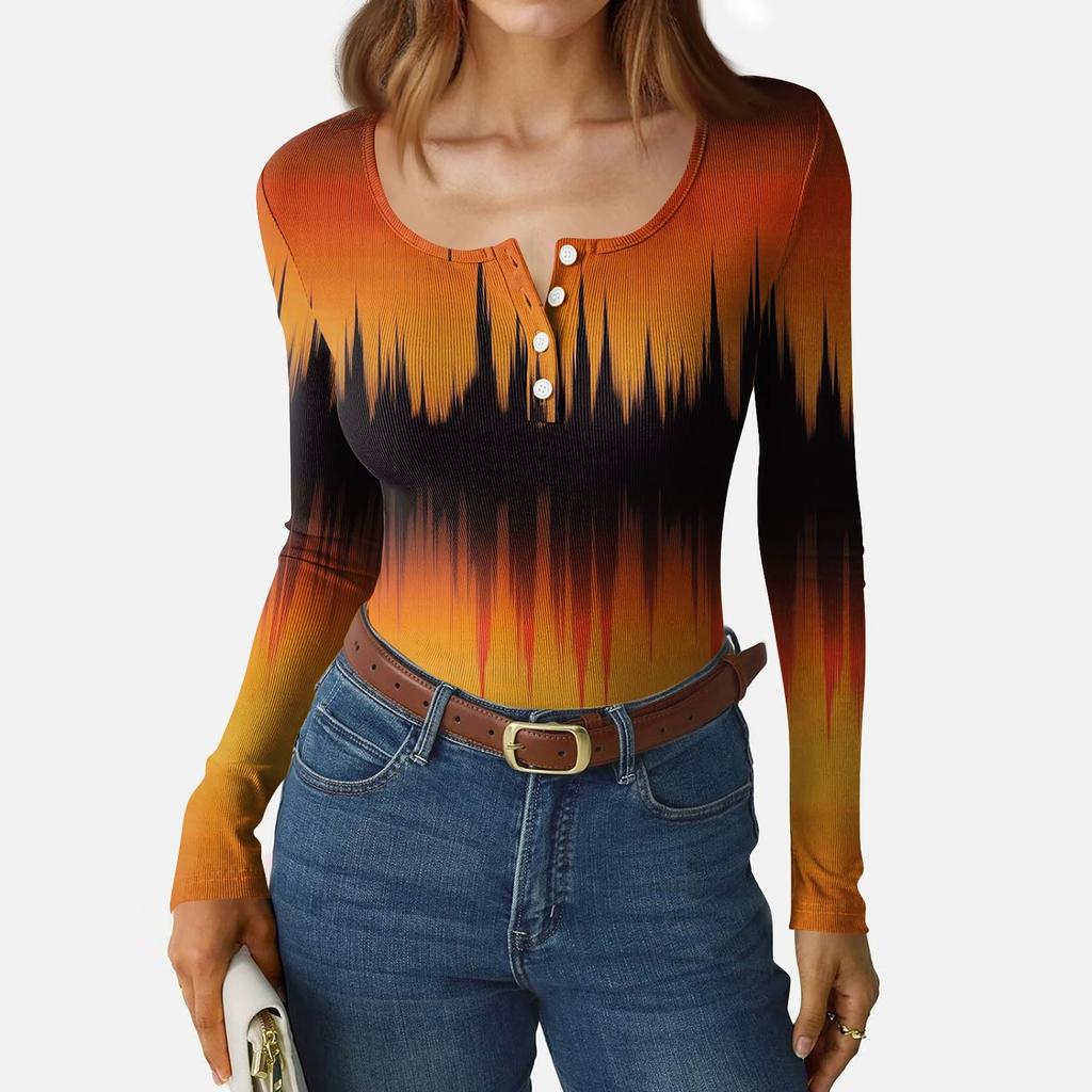Women's Slim Bottom T-shirt Fashion Casual Gradient Printing Round Neck Pullover Long Sleeve Top