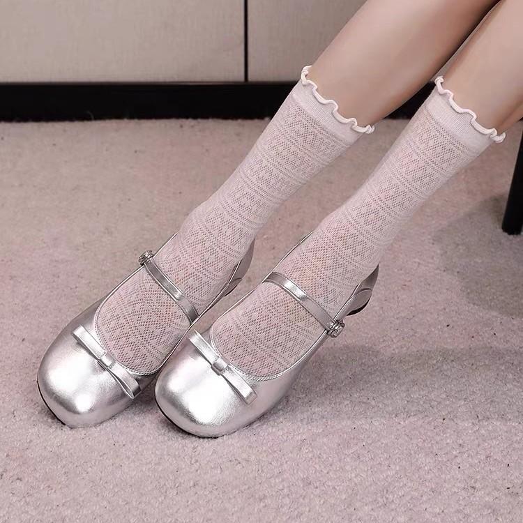 2025 spring and autumn versatile two wear thick heel round head silver Mary Jane shoes French retro bow light mouth single shoes women