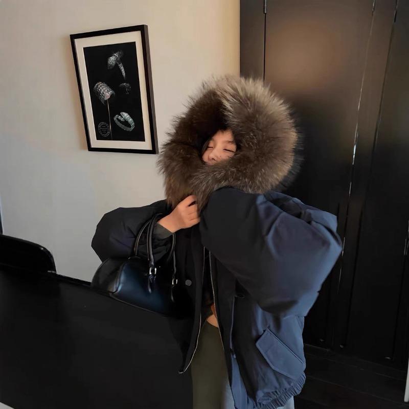 Fur collar down cotton-padded clothes for women overcome winter new cotton-padded clothes thickened warm horn buckle hooded jacket