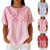 Women's Casual Short Sleeve T-Shirt Round Neck Button Detail Polka Dot and Stripe Print Lightweight Top for Everyday Wear