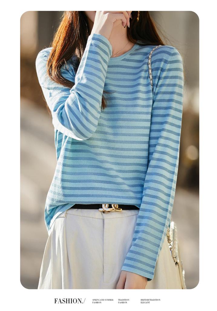 Women's French Retro Stripe Knitwear: Long Sleeve Round Neck Thin Wool Autumn Shirt