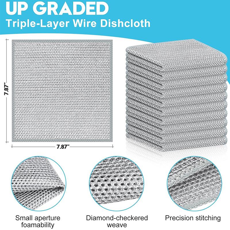 10-30pc Magic Metal Wire Dishcloth Triple Layer Thickened Cleaning Cloths Kitchen Dishwashing Scour Pads Microfiber Wash Cloth