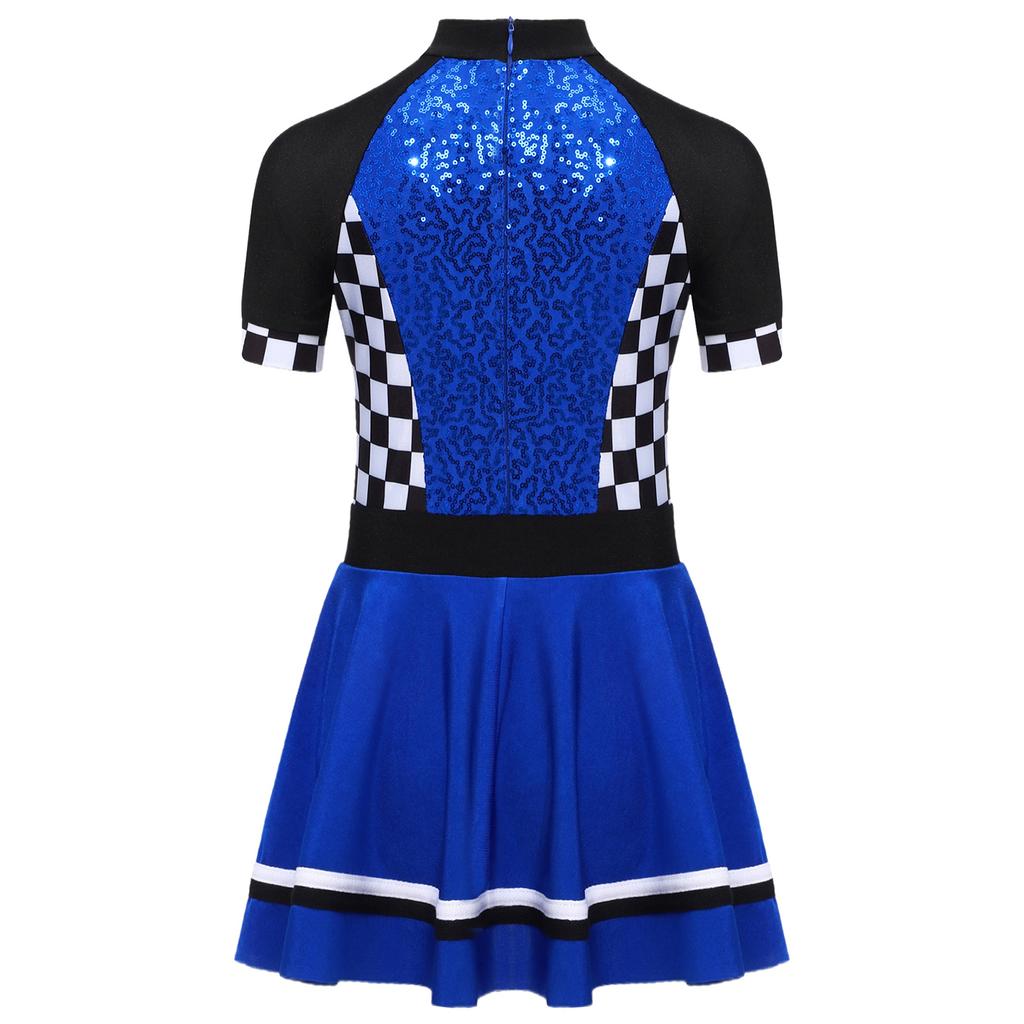 Girls Checkerboard Shiny Sequins Race Dress Mock Neck Short Sleeve Back Invisible Zipper with Built-in Briefs for Halloween Theme Party