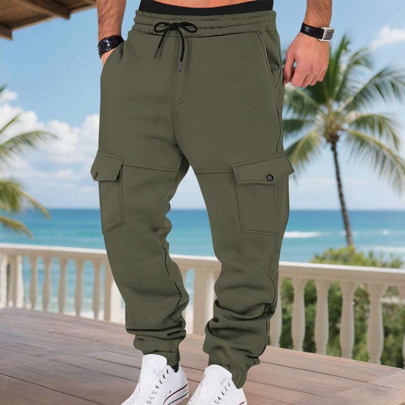 Autumn and Winter Velvet Heavyweight Drawstring Men's Loose Casual Sports Multi-pocket Cargo Trousers