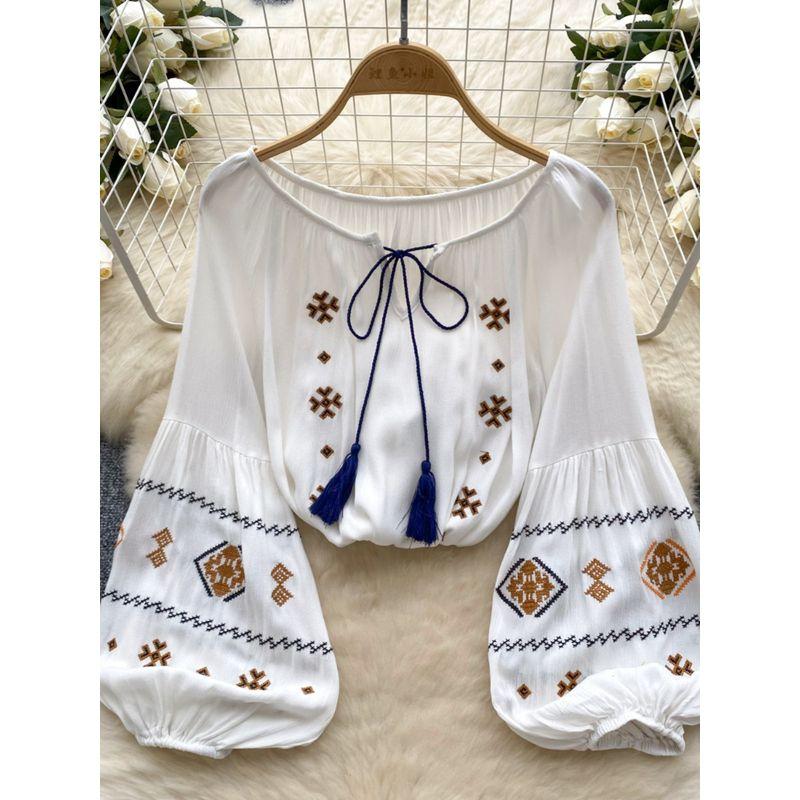 Ethnic Style Puff Sleeves Autumn Lace-up Socialite Shirt