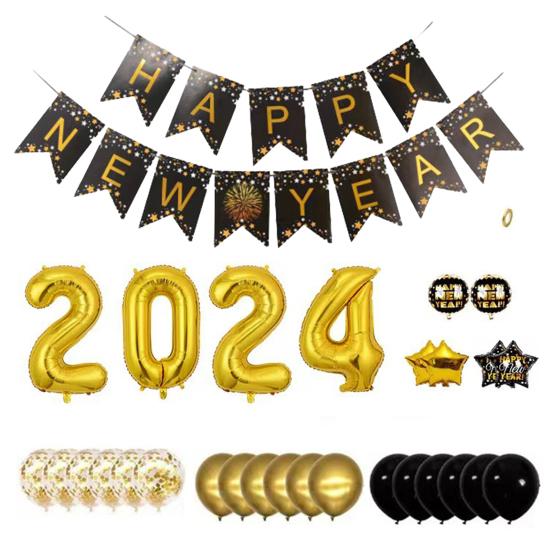 32 Inch 2024 New Year Balloons Set Letter Print Golden Starburst 2024 Number Balloons Party Decorations Set Party Supplies