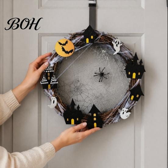 Holiday Festival Pendant Halloween Spider Web Wreath, Spooky Vine Branch Wreath with Ghost Castle Autumn Yard Arrangement Bat for Front Door,