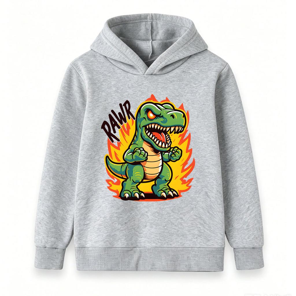 Kids Boys Girls Crewneck Hoodie Sweatshirt, Cool Angry T-Rex Dinosaur Printed Pullover Top with Fire Rawr Pattern, Casual Soft Long Sleeve Pullover