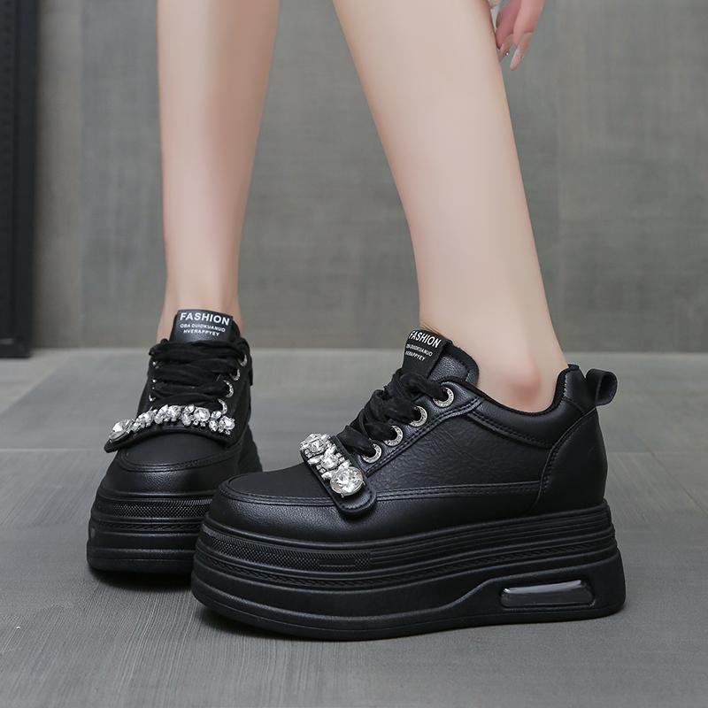 

Кроссовки на каблуке 8 см для женщин, платформа-клиновидный каблук из натуральной кожи, женская повседневная обувь, женская обувь для ходьбы, кроссовки-лодочки 35 чёрный