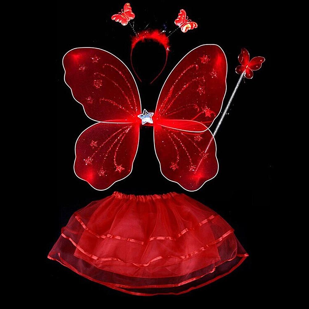 4Pcs Fairy Princess Children Costume Sets Butterfly Wings Wand Headband Tutu Skirt