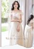 One-word shoulder evening dress skirt 1011 new temperament light luxury niche champagne color super fairy host evening dress