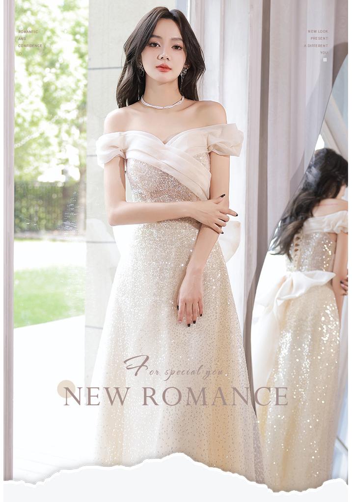 One-word shoulder evening dress skirt 1011 new temperament light luxury niche champagne color super fairy host evening dress