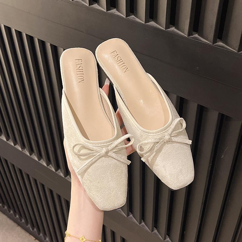 Fashion Suede Baotou Slippers Summer New Square Head Shallow Mouth Butterfly Knot Soft Sole Anti-slip Wear-resistant Flat Shoes
