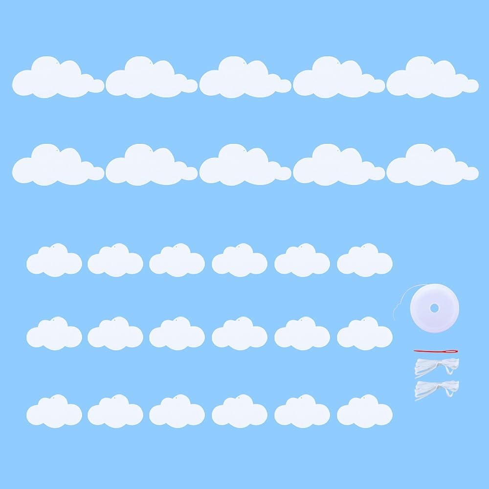 28 PCS White Cloud Ornaments Bulk Felt Hanging Clouds Decorations for Baby Shower Sky Theme Party Decorations