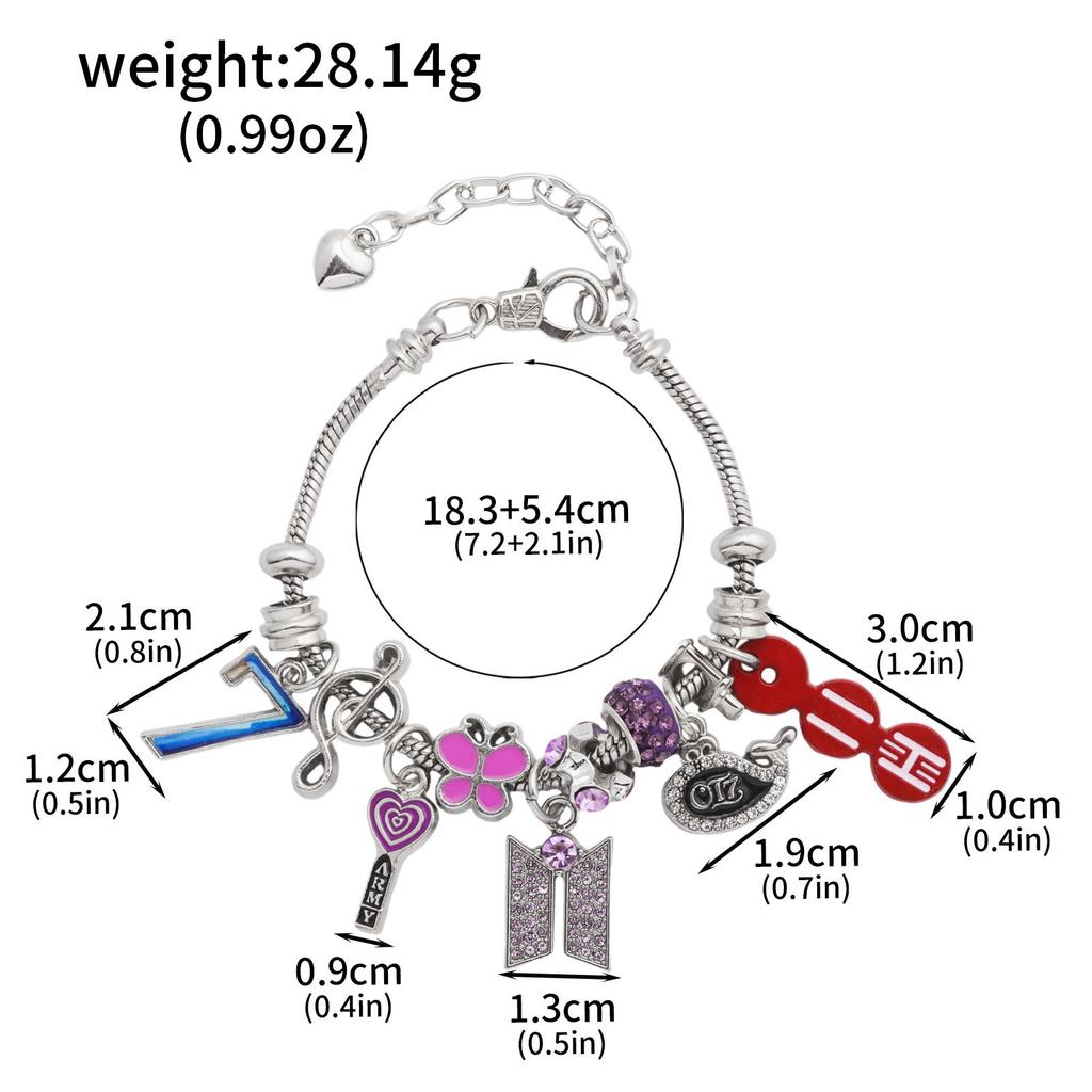 BTS Charm Bracelet OT7 Whale ARMY Logo Purple Crystal Beads Silver-Plated Snake Chain Jewelry Kpop Fan Gift for Army