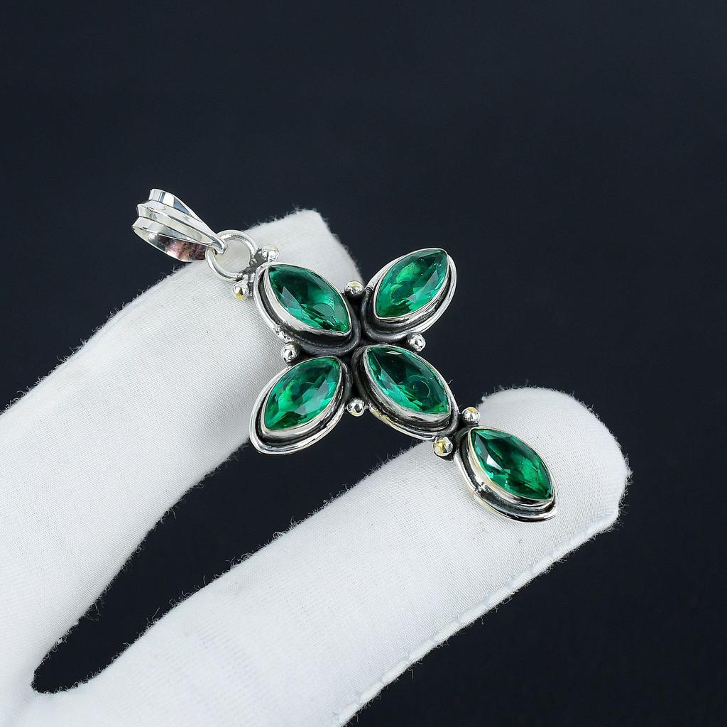 Beautiful Green Apatite Gemstone Silver Cross Pendant in 925 Sterling Silver- Handmade Design, Everyday Wear Jewelry, Unique Pendant Father's Day Gift