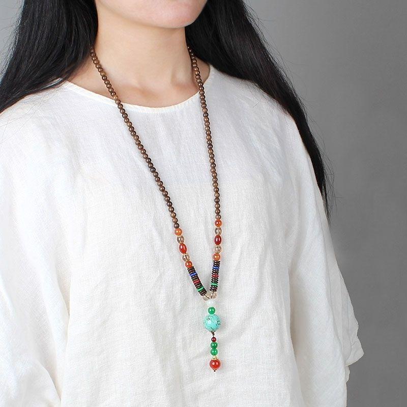 Unisex Retro Ethnic Wooden Necklace Pendant - Versatile Long Sweater Chain and Clothing Accessory