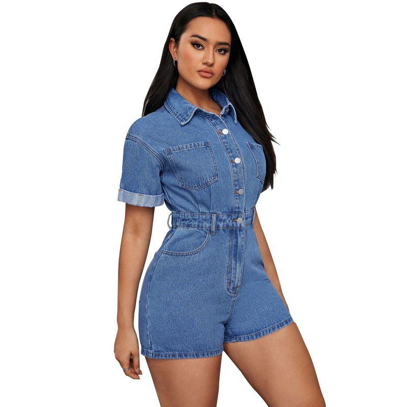 

218689 Women clothes New Denim Lapel Short sleeve Waist Hugging Short Jumpsuit Medium Blue S