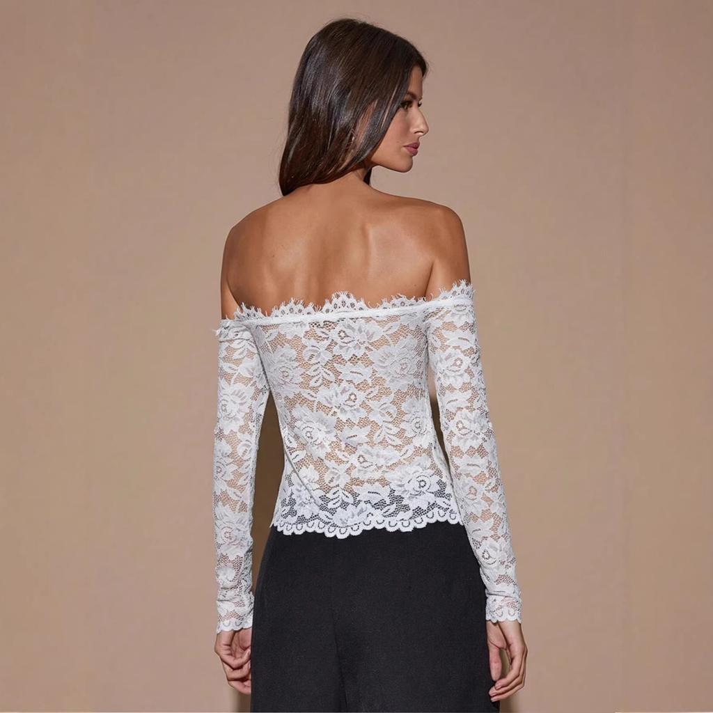 Frühling Sommer Damen Weiß Schulterfrei Langarm Französisch Retro Spitze Hemd Top Mode Täglich Basic Büro Dame Lässig Schlank Passend Damen Elegantes Top